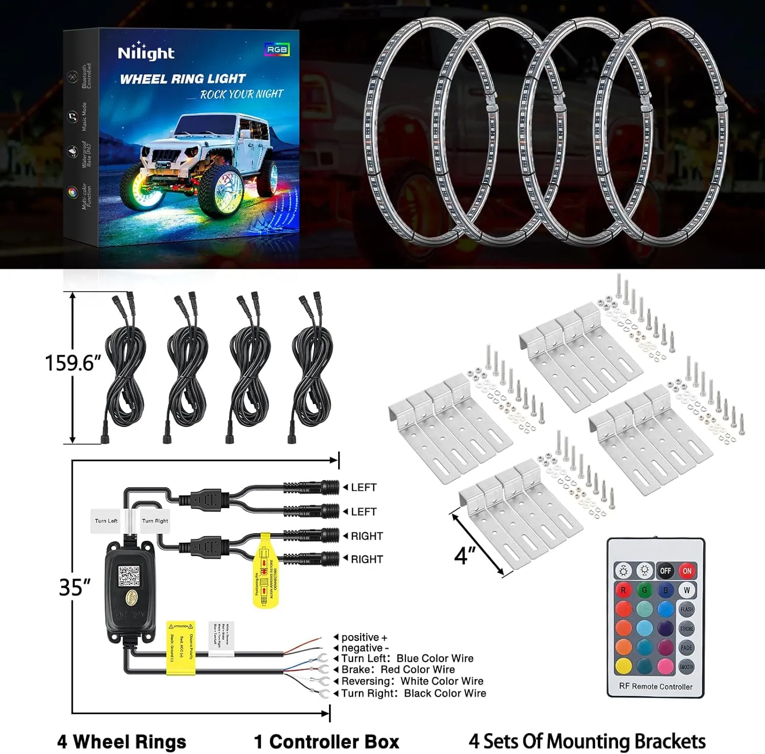 15.5 Inch LED Wheel Ring Lights Double Row RGB APP Remote Control 4Pcs