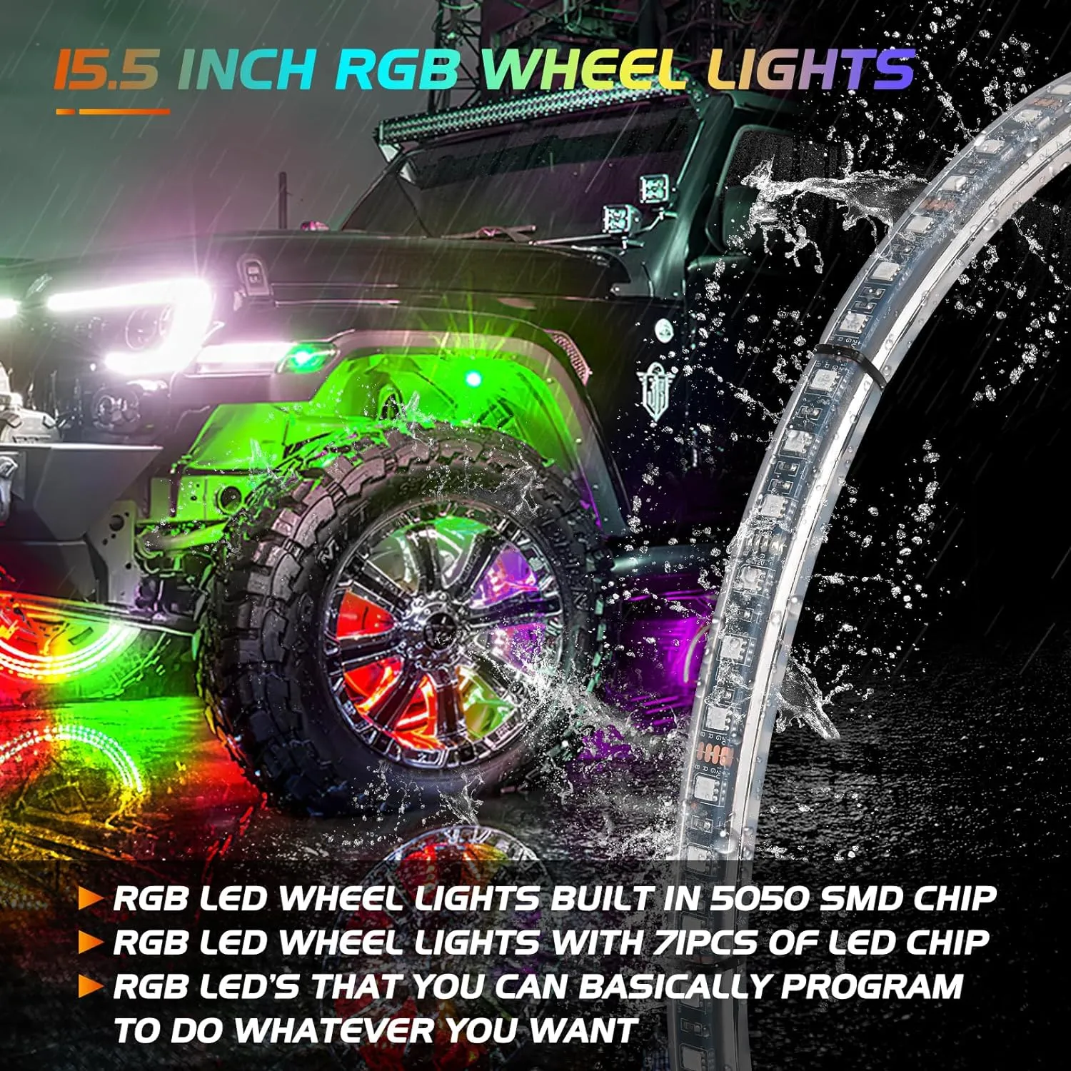 15.5 Inch LED Wheel Ring Lights Double Row RGB APP Remote Control 4Pcs