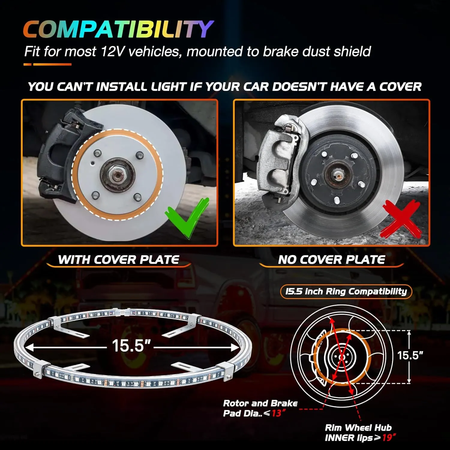 15.5 Inch LED Wheel Ring Lights Double Row RGB APP Remote Control 4Pcs