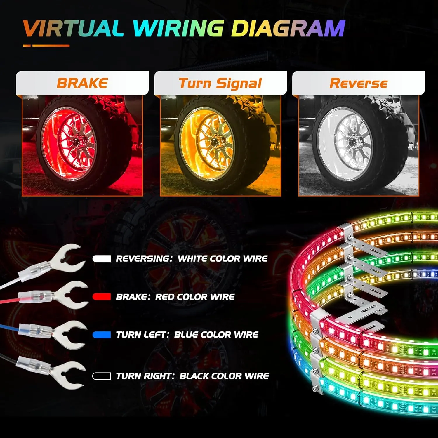 17.5 Inch LED Wheel Ring Lights Double Row RGB APP Remote Control 4Pcs
