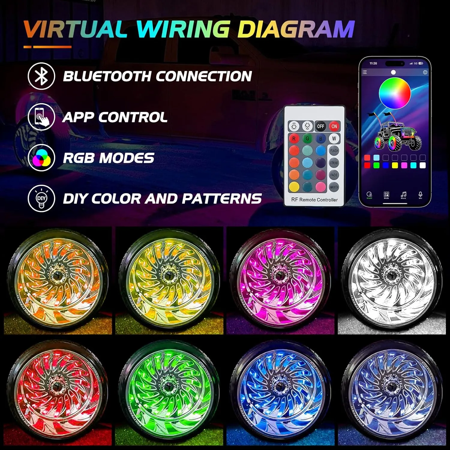 17.5 Inch LED Wheel Ring Lights Double Row RGB APP Remote Control 4Pcs