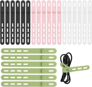 24Pcs Silicone Cable Ties - Reusable & Washable with Locking Buckle Design, Adjustable Fastening Cable Straps, Multi-Purpose High Elasticity Cord Organizer (4 Colors)
