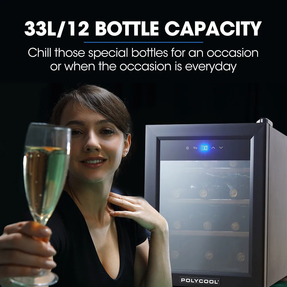 33L 12 Bottle Wine Bar Fridge | Countertop Cooler | Compressor | Mirrored Glass Door | Black