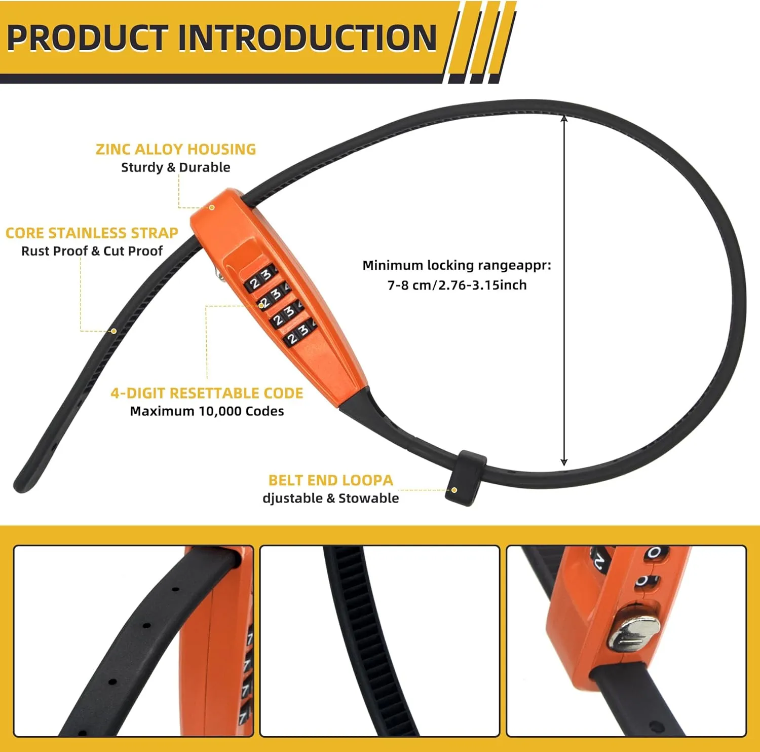 4-Digit Combination Zip Tie Lock -Stainless Steel Cable Bike Lock with resettable Combination secures Helmets, skis, Strollers, Luggage, Kitchen cabinets, French Doors and More(Orange)