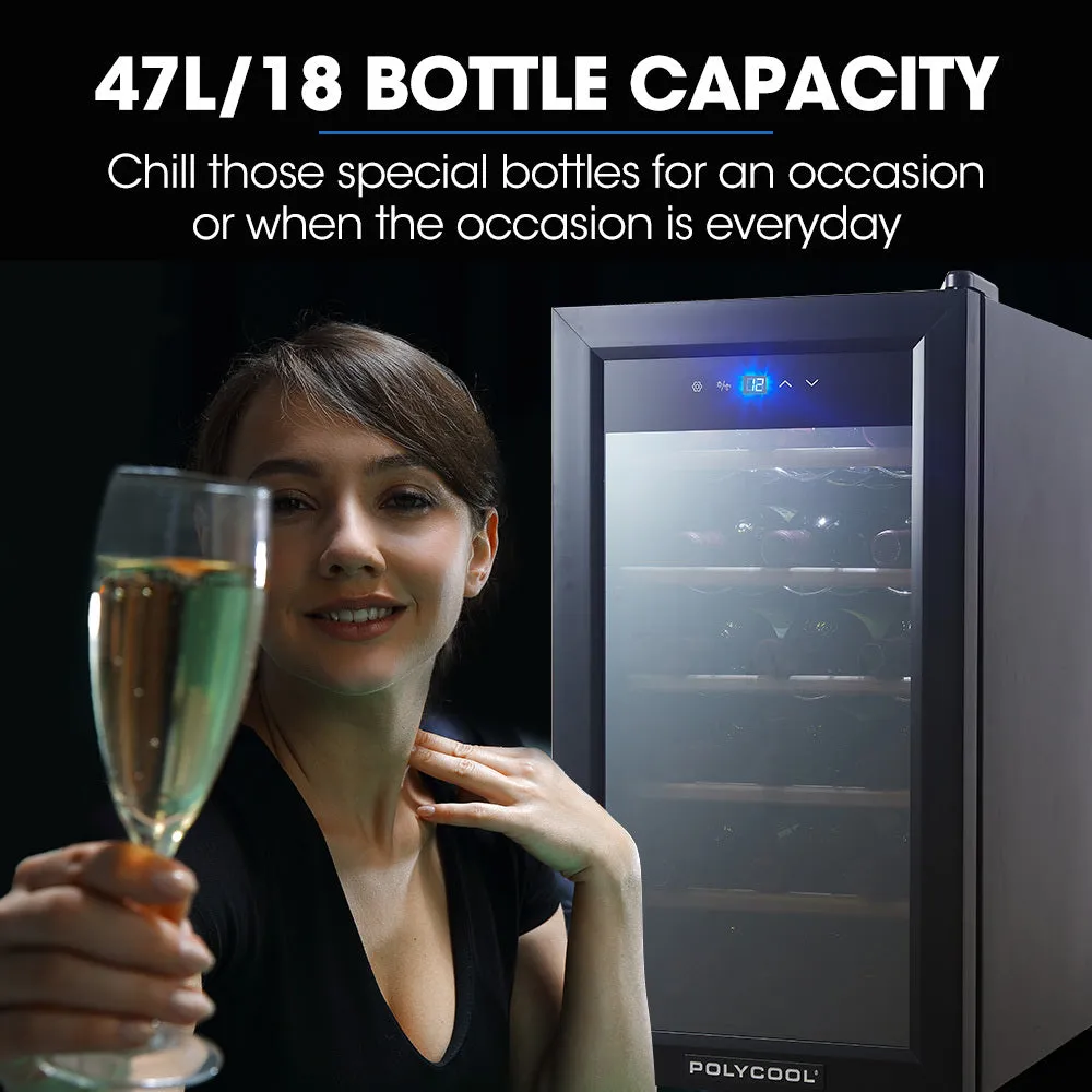 47L 18 Bottle Wine Bar Fridge | Countertop Cooler | Compressor | Mirrored Glass Door | Black