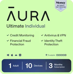 Aura Ultimate | Antivirus & Internet Security | Includes Identity Protection Software, VPN, Password Manager, Dark Web Monitoring | Individual Plan, 3-Month Prepaid Subscription [PC/Mac Online Code]