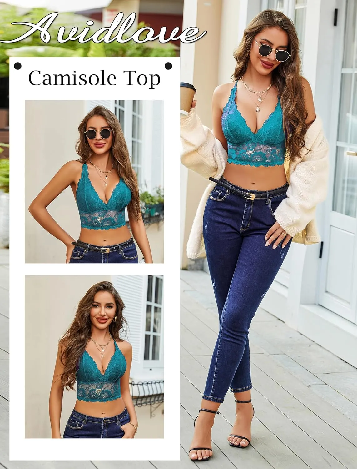 Avidlove Bralettes for Women Lace Wireless Bra V Neck Racerback Crop Top Adjustable Lingerie