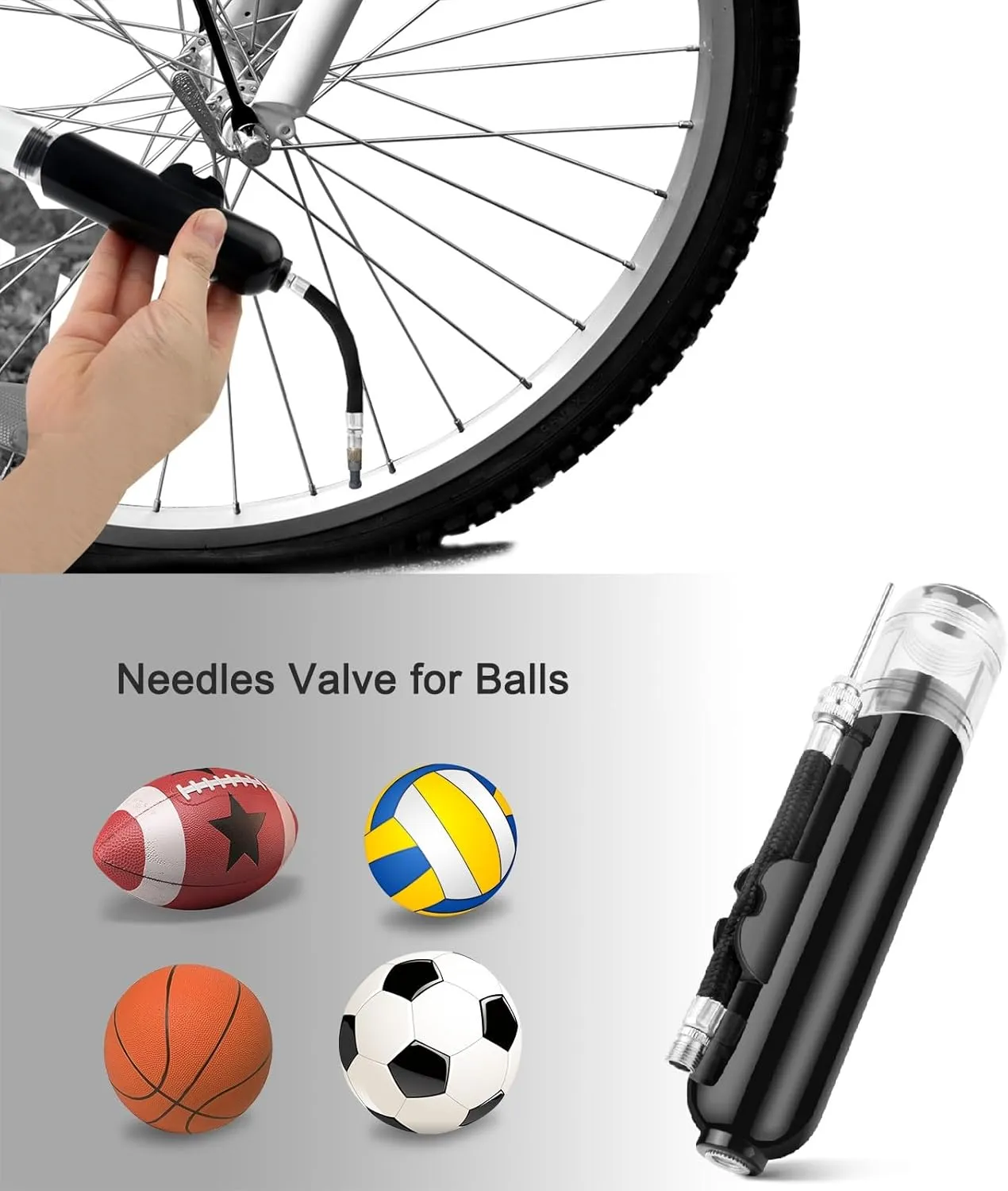 Ball Pump, Dual Action Inflate Air Pump with 3 Needles and 2 Nozzles for Soccer Ball, Basketball, Volleyball, Balloons, Bikes