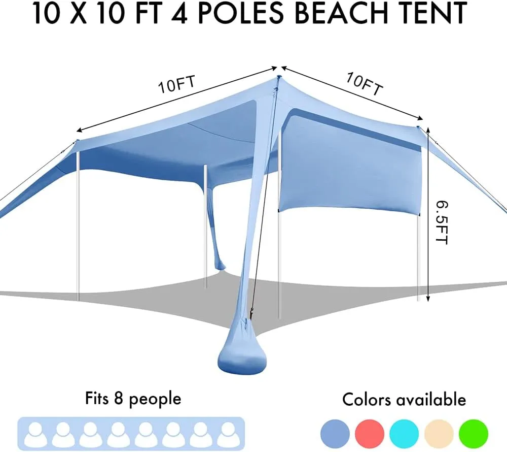 Beach Canopy Tent Shade with Sidewalls 10x10FT, 6.6FT Tall, UPF50  Sun Shelter, Windproof & Water Resistant, Includes Guylines Sand Shovel Stability Poles, Easy Up for Beach Outdoor Camping Backyard