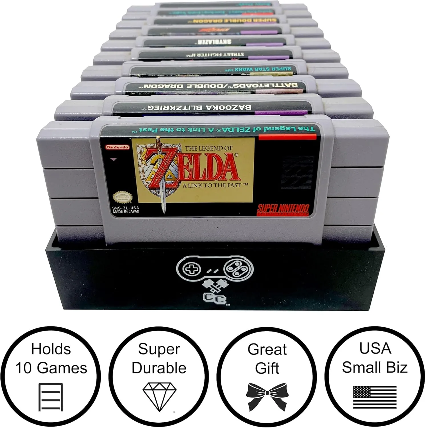 Black Game Organizer Compatible with Nintendo SNES Cartridge, Dust Cover, Cartridge Holder, Super Nintendo Entertainment System