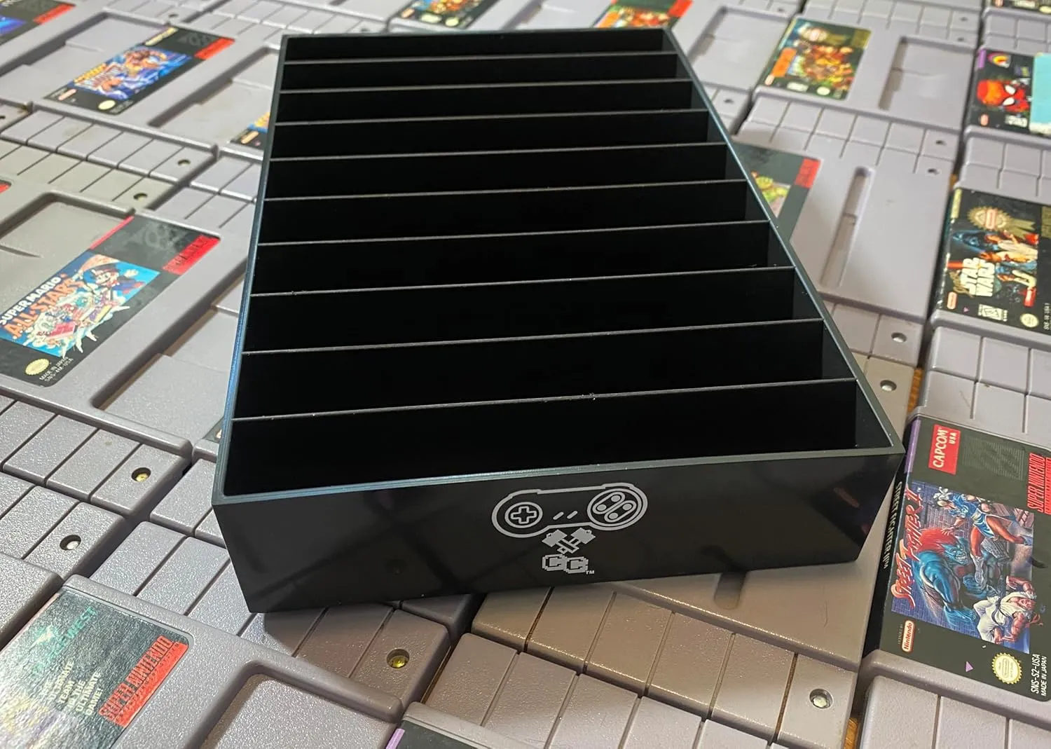 Black Game Organizer Compatible with Nintendo SNES Cartridge, Dust Cover, Cartridge Holder, Super Nintendo Entertainment System