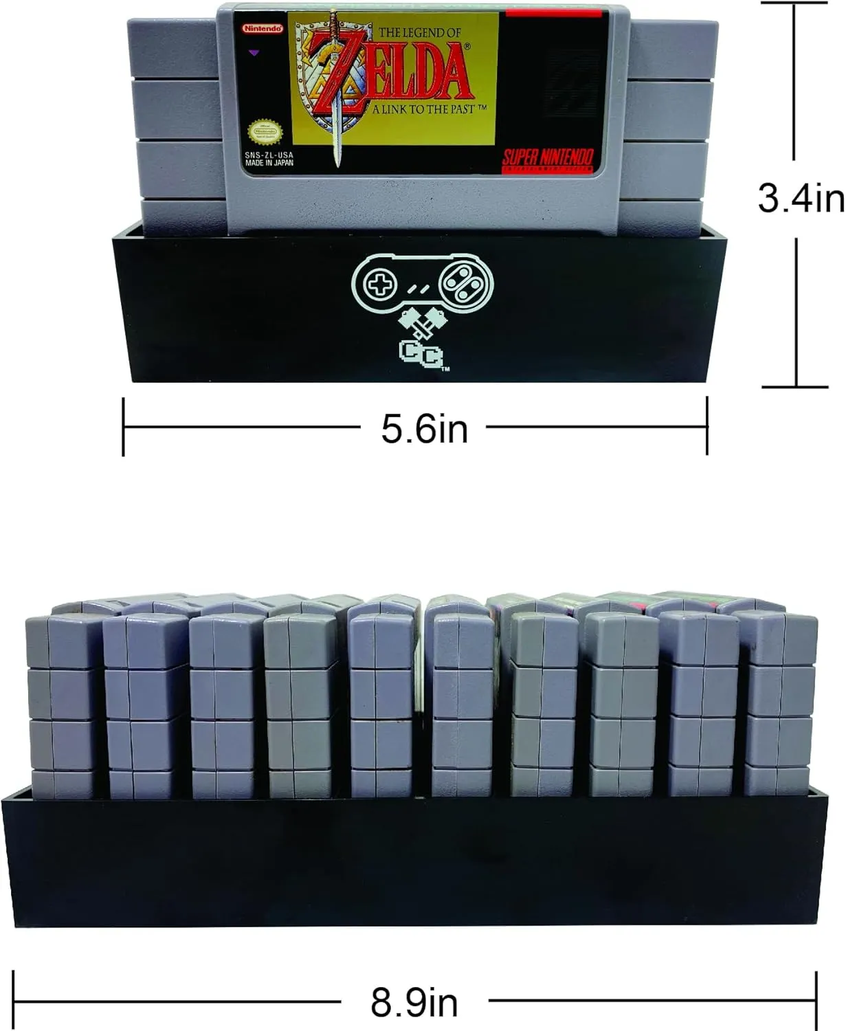 Black Game Organizer Compatible with Nintendo SNES Cartridge, Dust Cover, Cartridge Holder, Super Nintendo Entertainment System