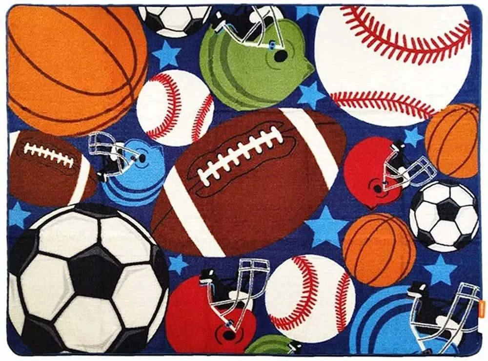 Blue Kids Rug Fun Sport Rugs Nylon Carpet Boys Girls Childrens Rug Balls Print with Soccer Ball, Basketball, Football, Tennis Ball Bedroom Playroom (100x130cm(39''x51''))