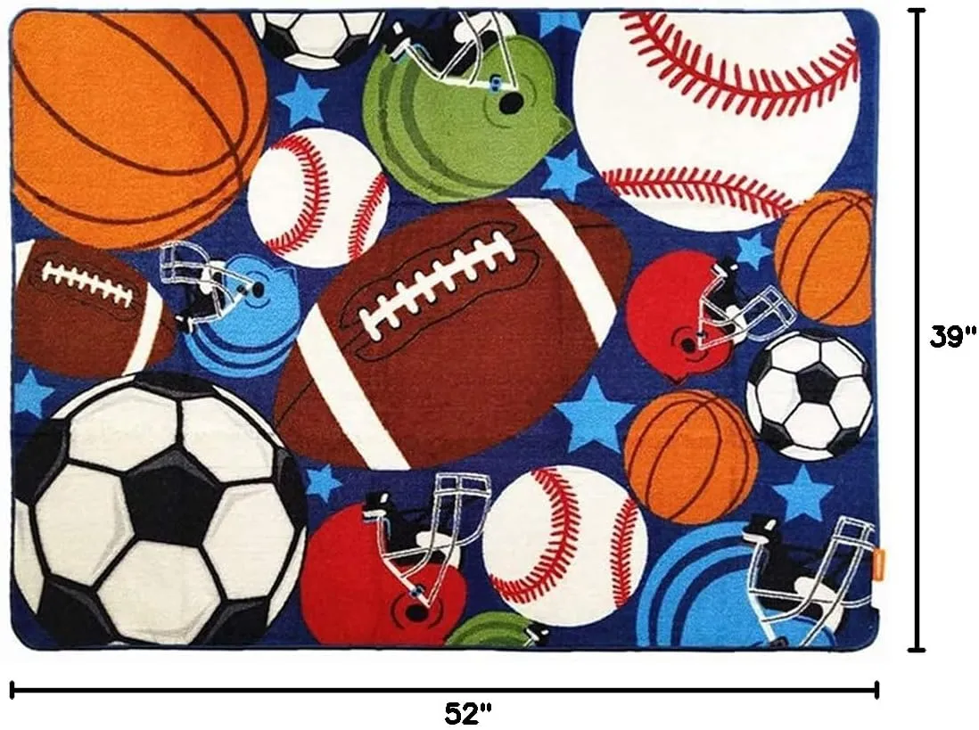 Blue Kids Rug Fun Sport Rugs Nylon Carpet Boys Girls Childrens Rug Balls Print with Soccer Ball, Basketball, Football, Tennis Ball Bedroom Playroom (100x130cm(39''x51''))