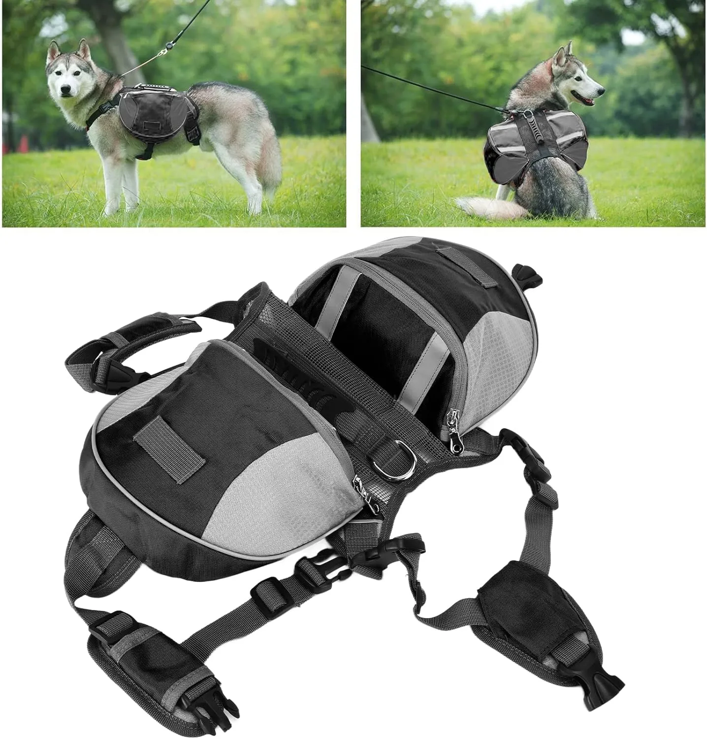 Dog Hiking Backpack, Dog Backpack Harness Dog Saddle Bag Hiking Dog Backpack with Side Pockets for Small Medium Large Dogs(L-Black)