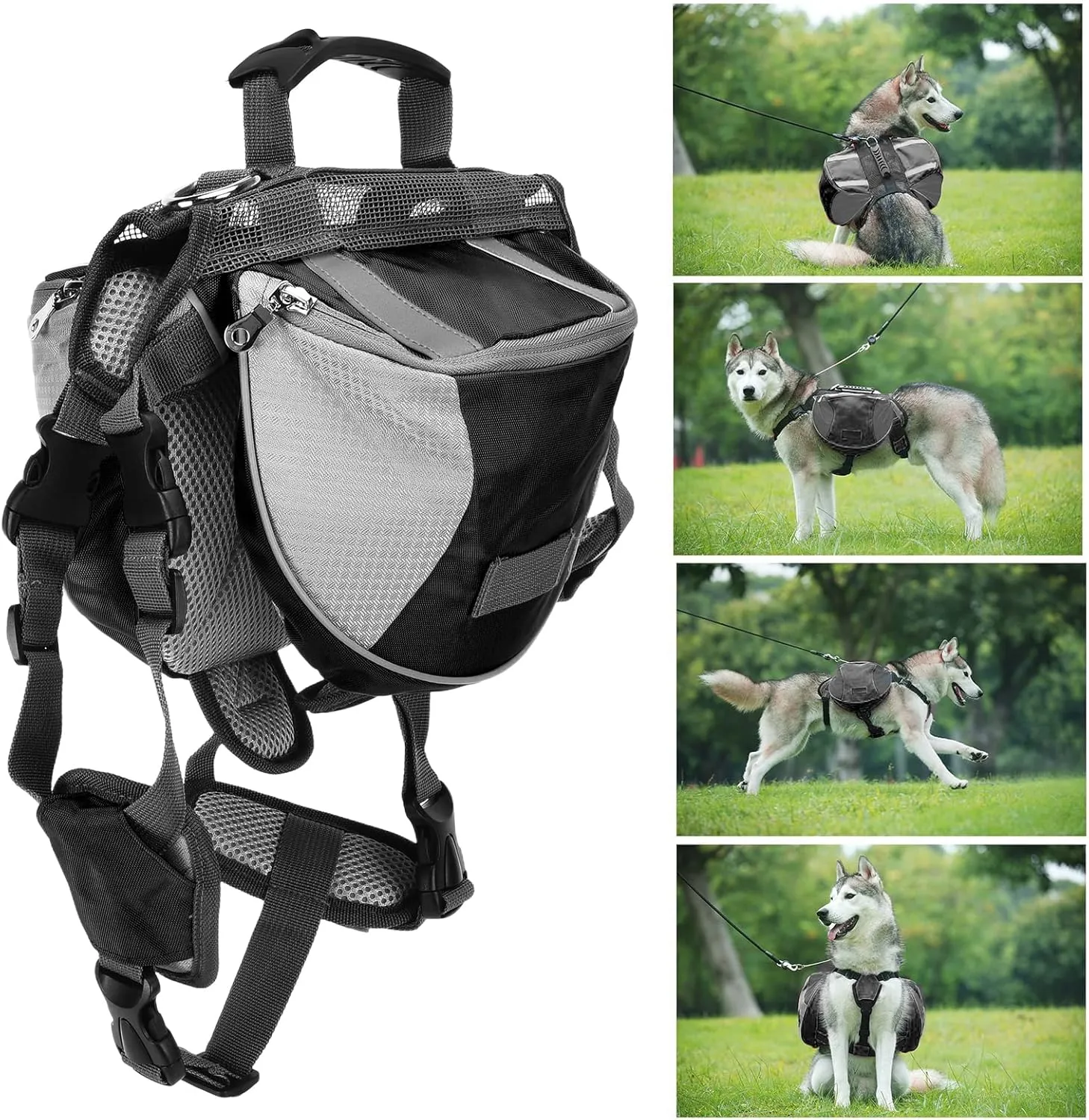 Dog Hiking Backpack, Dog Backpack Harness Dog Saddle Bag Hiking Dog Backpack with Side Pockets for Small Medium Large Dogs(L-Black)