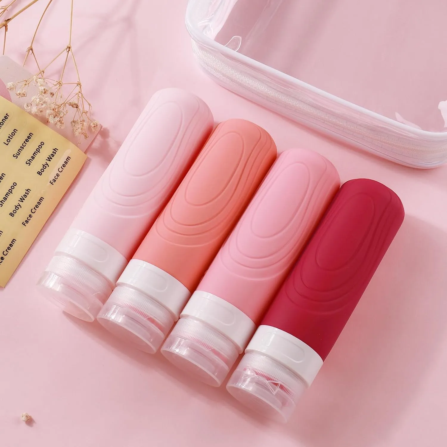 GLAMFIELDS TSA Approved Travel Bottles for Toiletries, 3oz Size Leak Proof Silicone Containers for Shampoo, Conditioner,Easy to Squeeze and Portable, Essentials for Traveling (4 Pack) Pink
