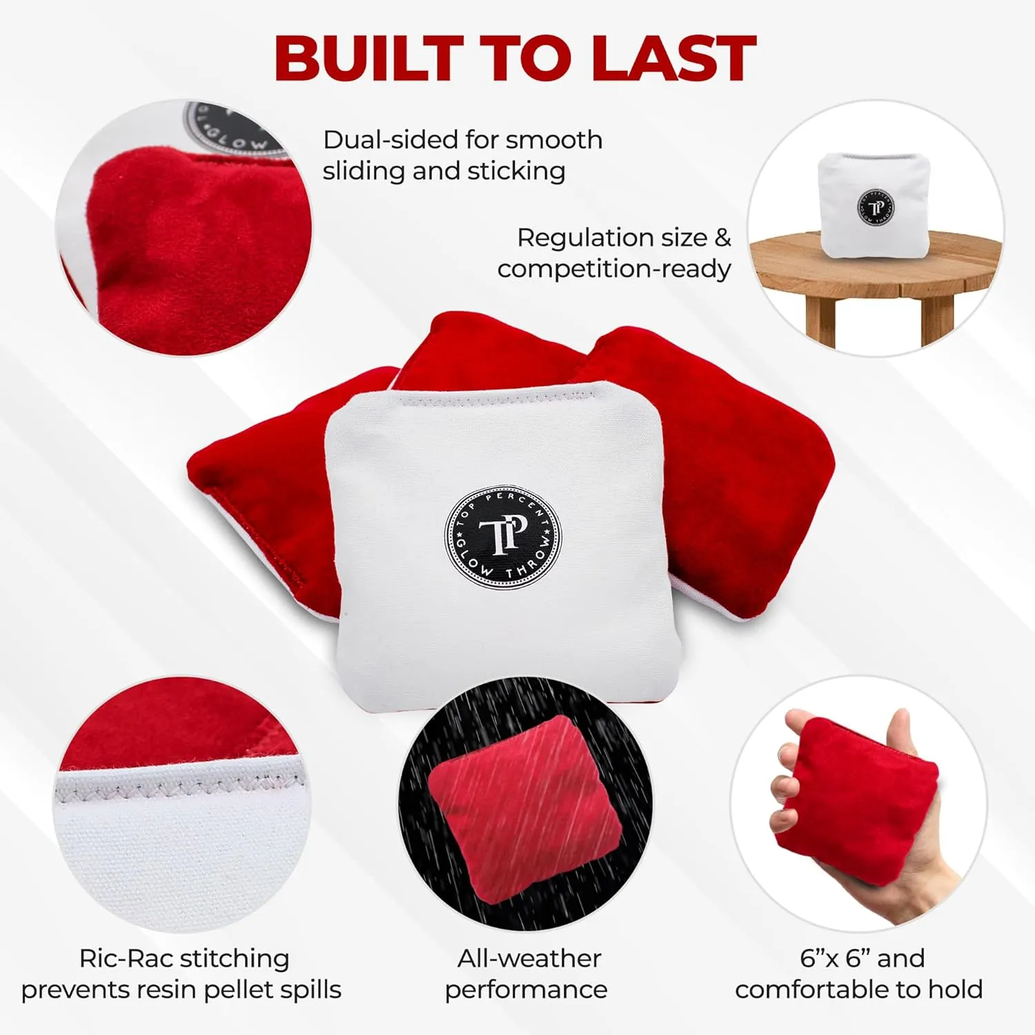 Glow Throw Cornhole Bags, Light Up Cornhole Set of 4 - Regulation Size & Weight Corn Hole Lights LED Kit for Day & Night - All Weather Dual Sided (Stick & Slick) Glow in The Dark Bean Bags, Red