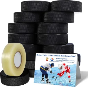 Hockey Pucks 15 Pack with 1 Roll Hockey Tape Official Hockey Pucks for Practicing and Classic Training, Ice Hockey Pucks Diameter 3", Thickness 1", 6oz, Black Hockey Pucks Bulk