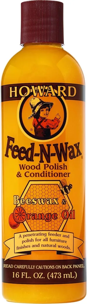 Howard Products Beeswax Wood Polish & Conditioner, Feed-N-Wax for Wood Furniture Polish, 16 oz, Orange