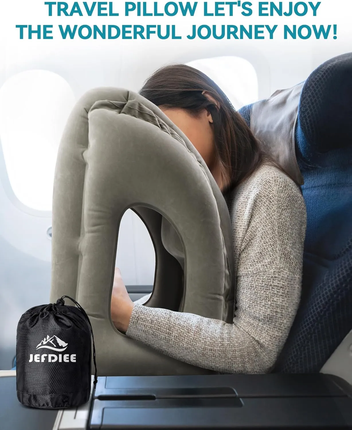 JefDiee Inflatable Travel Pillow, Airplane Neck Pillow Comfortably Supports Head and Chin for Airplanes, Trains, Cars Office Napping on The Tray Table (Grey)