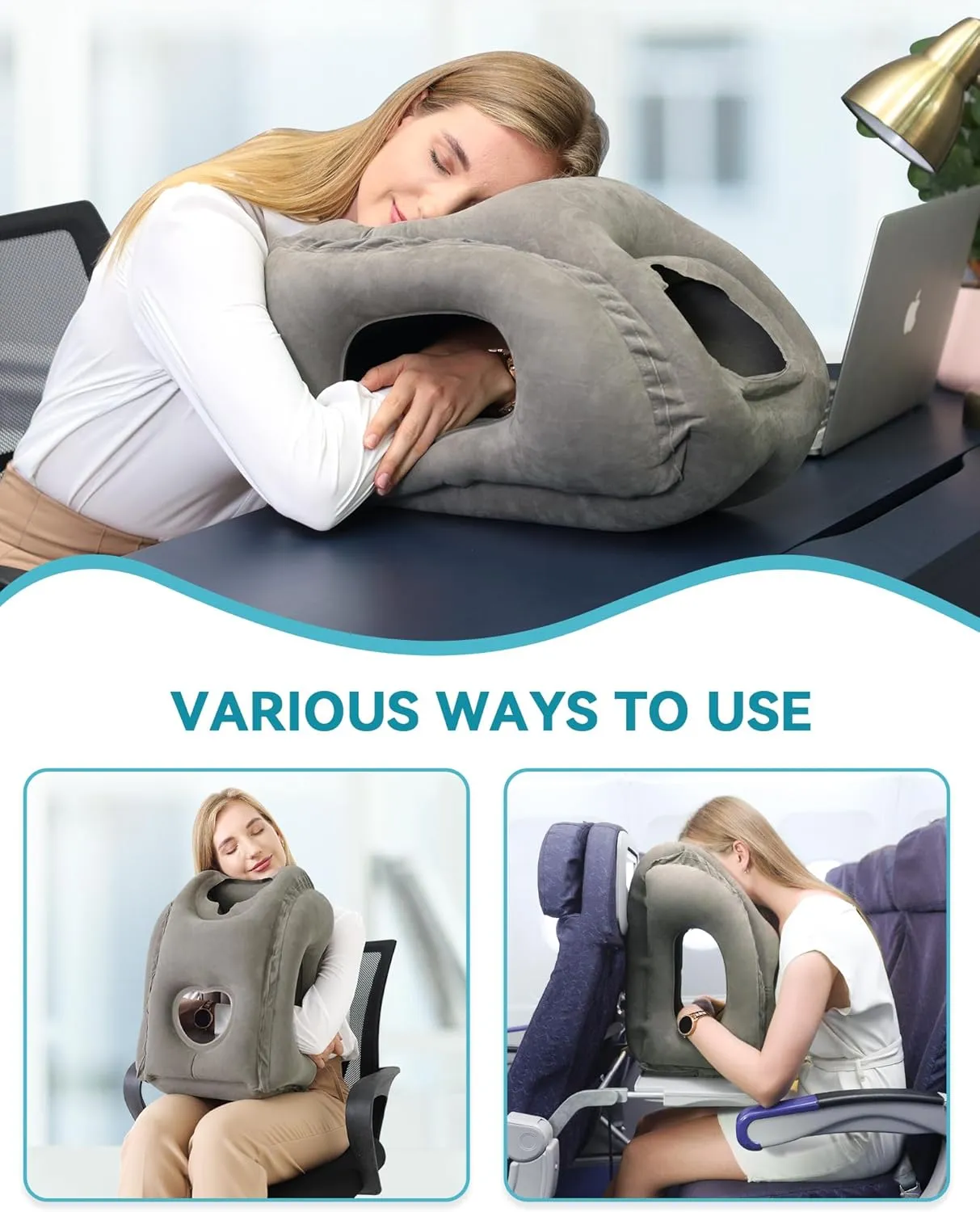 JefDiee Inflatable Travel Pillow, Airplane Neck Pillow Comfortably Supports Head and Chin for Airplanes, Trains, Cars Office Napping on The Tray Table (Grey)