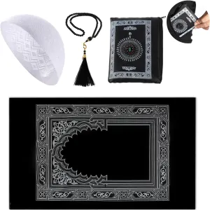 Kufi Hats for Men with Portable Travel Prayer Mat Islam and Tasbih Prayer Beads Set,Islamic Gift,Muslim Gifts,Eid Mubarak Gifts,Ramadan Gifts,Muslim Prayer Rug,Muslim Cap,Muslim Prayer Beads Set