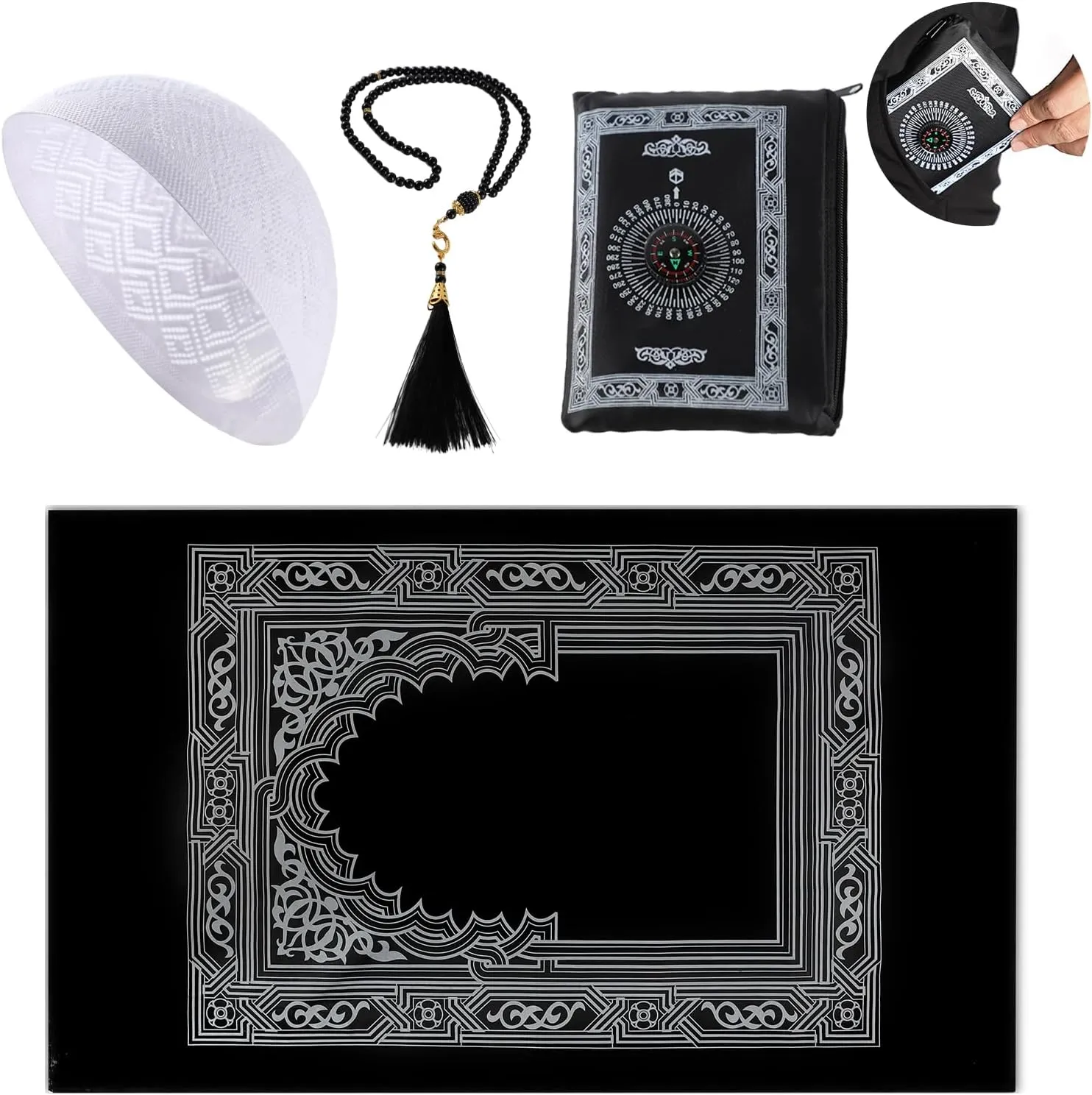 Kufi Hats for Men with Portable Travel Prayer Mat Islam and Tasbih Prayer Beads Set,Islamic Gift,Muslim Gifts,Eid Mubarak Gifts,Ramadan Gifts,Muslim Prayer Rug,Muslim Cap,Muslim Prayer Beads Set