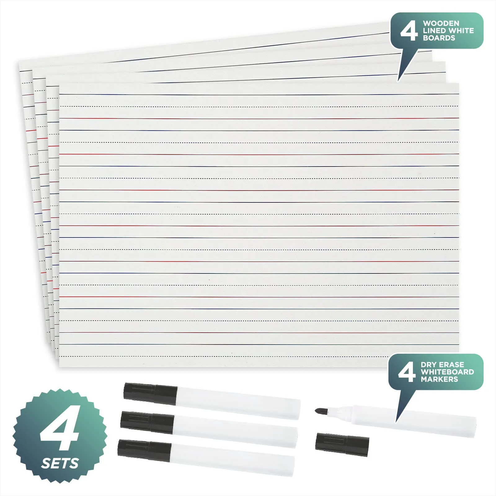 Lined Whiteboards and Dry Erase Markers - Teachers and Students Handrwiting Practice Boards (Set of 4)