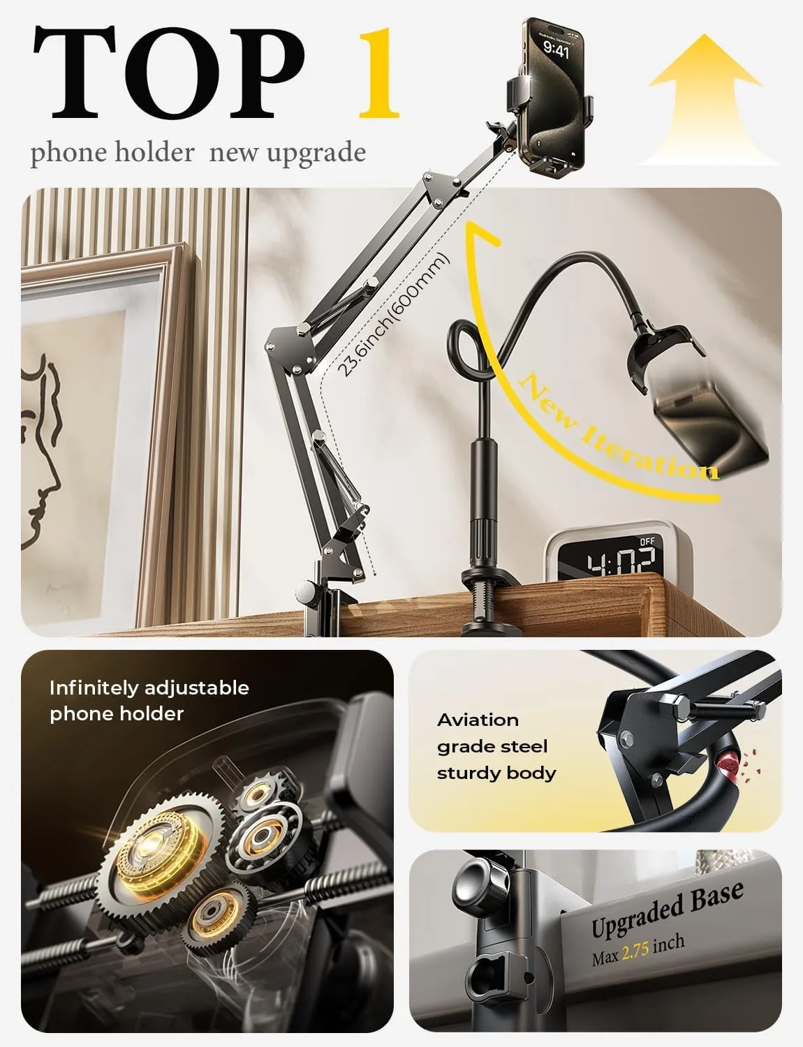 LISEN Phone Holder for Bed Desk [3rd Upgrade] Cell Phone Stand for Desk,Recording iPhone Mount for Gooseneck iPhone Holder for Filming Laying Down,Bed Accessories Flexible Arm Clamp Clip Stand