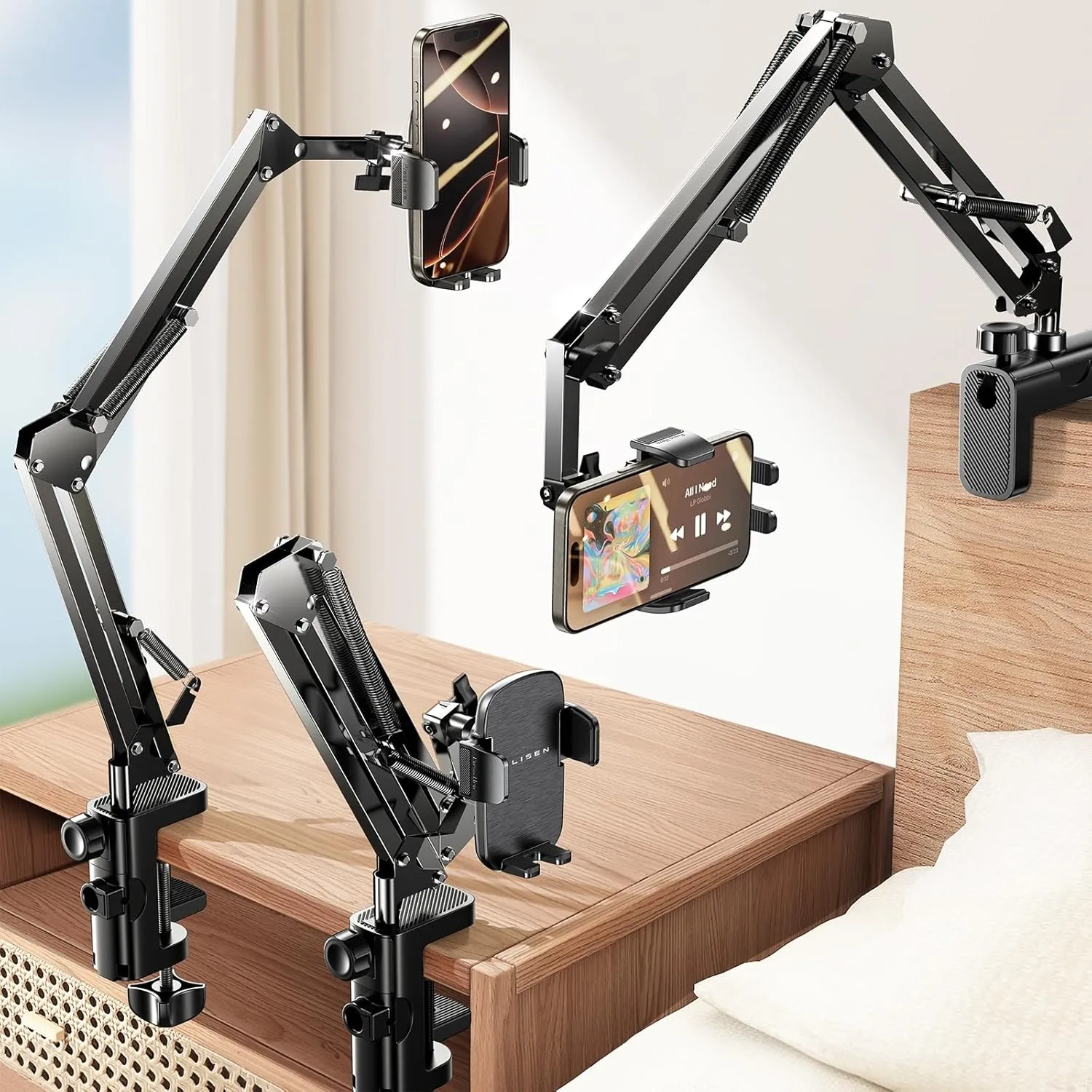 LISEN Phone Holder for Bed Desk [3rd Upgrade] Cell Phone Stand for Desk,Recording iPhone Mount for Gooseneck iPhone Holder for Filming Laying Down,Bed Accessories Flexible Arm Clamp Clip Stand