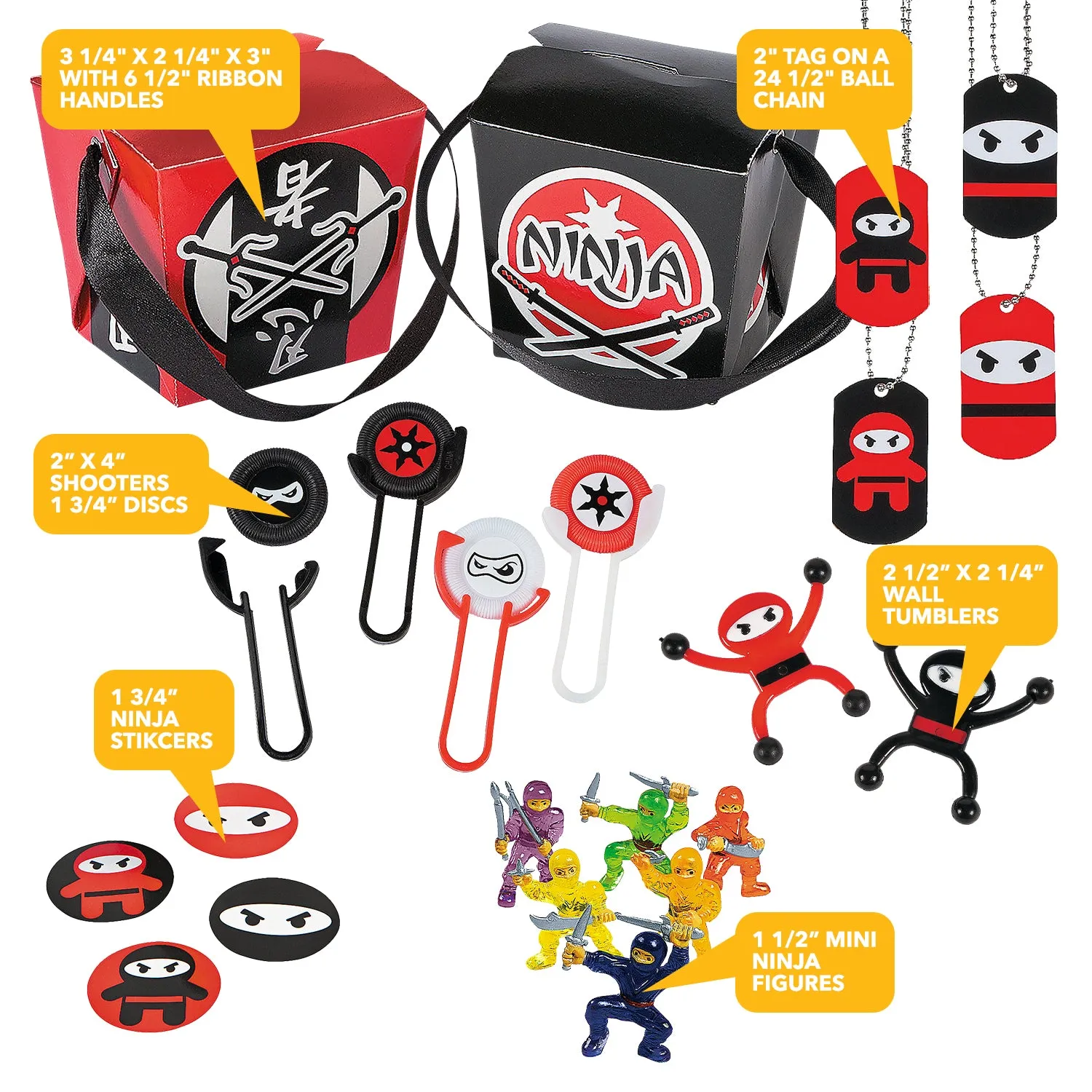 Ninja Party Favors Assortment  (60 pcs) and Ninja Takeout Goody Boxes (12 pcs) - 72 Pcs Total