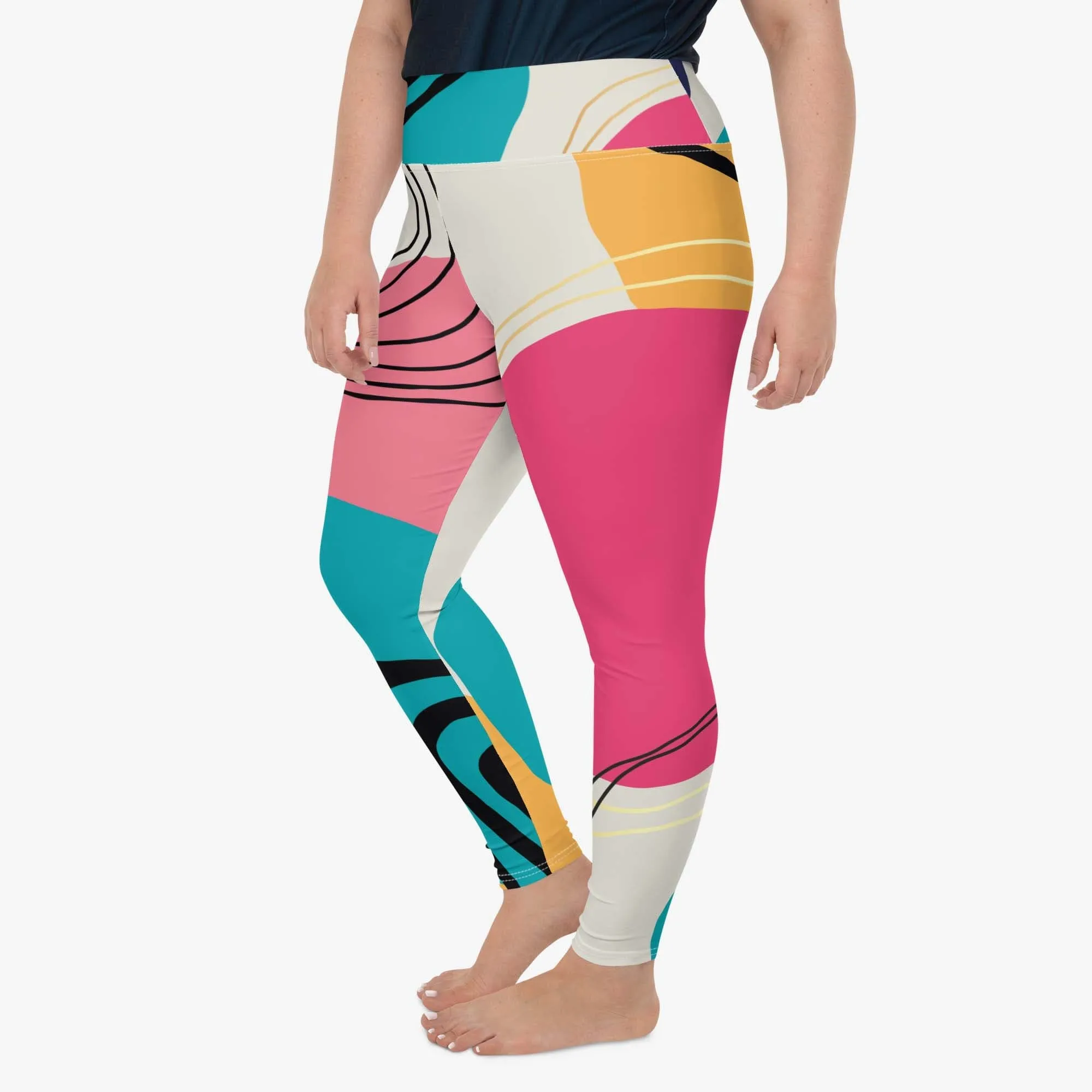 Plus Size Patterned Leggings "Modernist" Fuchsia/Turquoise