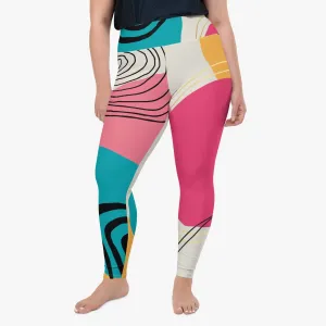 Plus Size Patterned Leggings "Modernist" Fuchsia/Turquoise