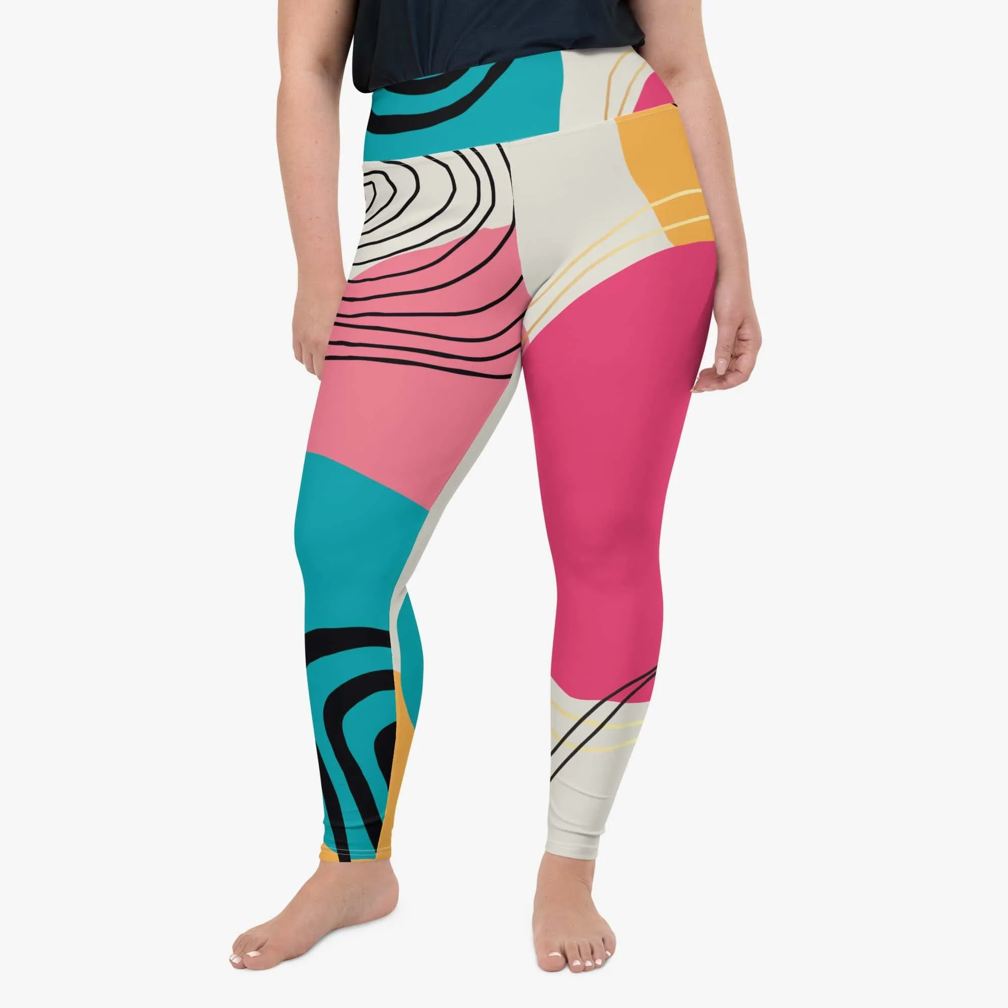 Plus Size Patterned Leggings "Modernist" Fuchsia/Turquoise