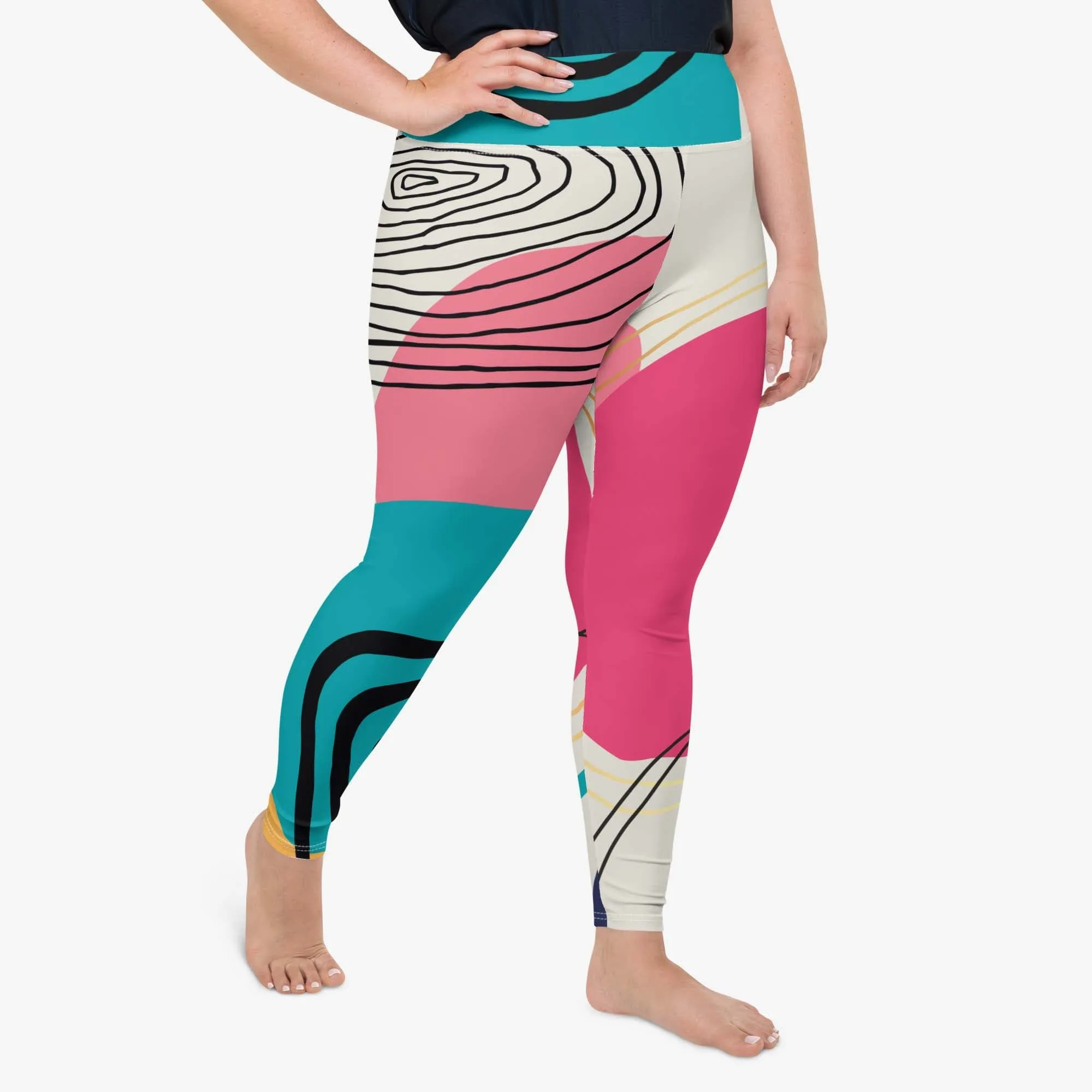 Plus Size Patterned Leggings "Modernist" Fuchsia/Turquoise