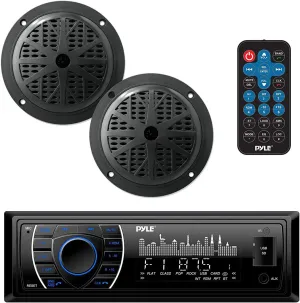 Pyle Marine Headunit Receiver Speaker Kit - In-Dash LCD Digital Stereo Built-in Bluetooth & Microphone w/ AM FM Radio System 5.25 Waterproof Speakers (2) MP3/SD Readers & Remote Control-PLMRKT46BK