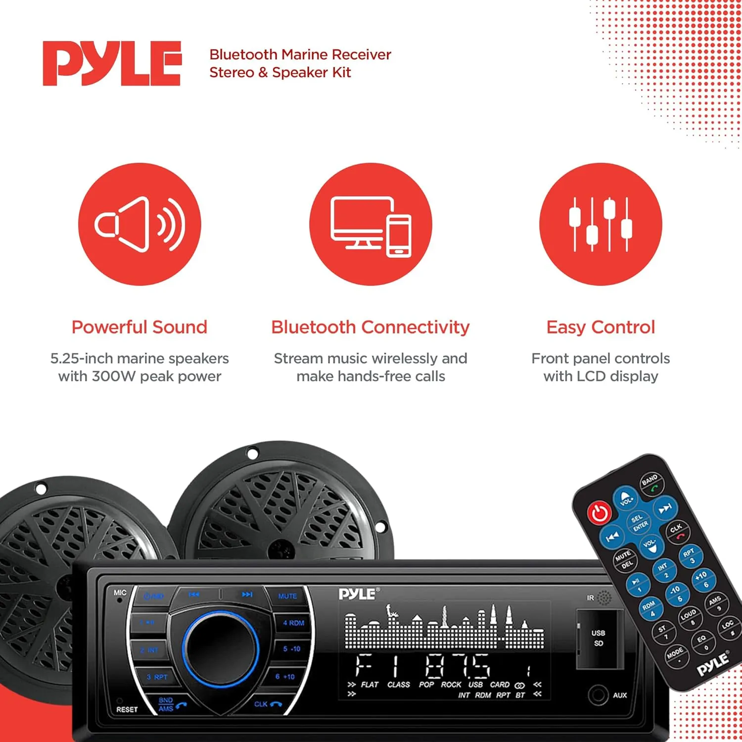 Pyle Marine Headunit Receiver Speaker Kit - In-Dash LCD Digital Stereo Built-in Bluetooth & Microphone w/ AM FM Radio System 5.25 Waterproof Speakers (2) MP3/SD Readers & Remote Control-PLMRKT46BK