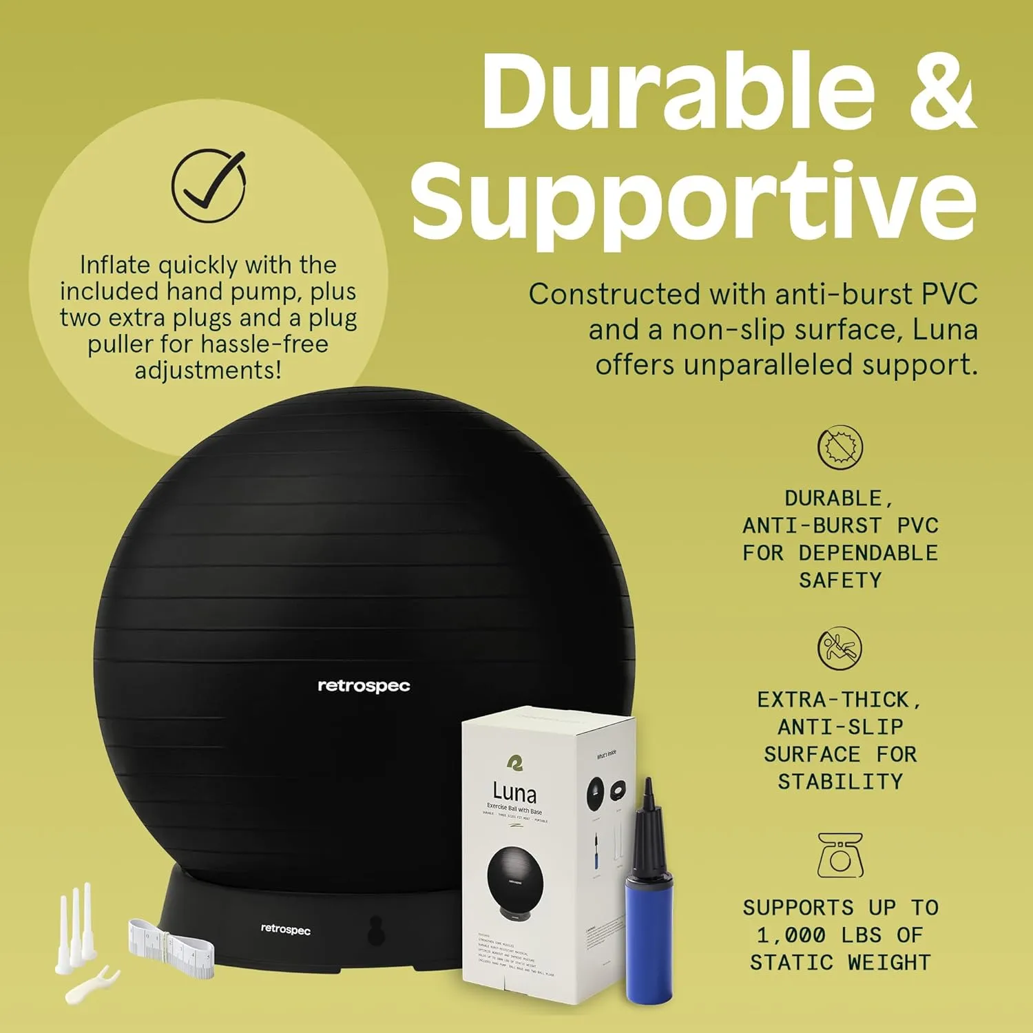 Retrospec Luna Exercise Ball, Base & Pump/Ball & Pump with Anti-Burst Material - Fitness Gym Swiss Ball - Perfect for Balance, Stability, Yoga, Pilates, Pregnancy & Birthing