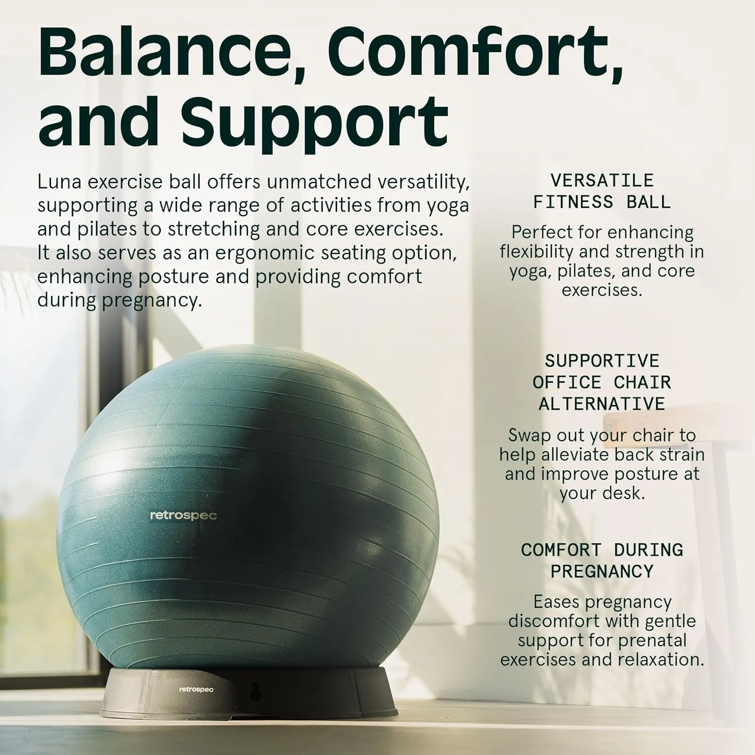 Retrospec Luna Exercise Ball, Base & Pump/Ball & Pump with Anti-Burst Material - Fitness Gym Swiss Ball - Perfect for Balance, Stability, Yoga, Pilates, Pregnancy & Birthing