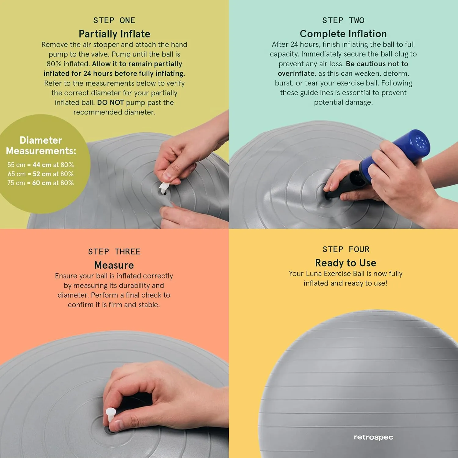 Retrospec Luna Exercise Ball, Base & Pump/Ball & Pump with Anti-Burst Material - Fitness Gym Swiss Ball - Perfect for Balance, Stability, Yoga, Pilates, Pregnancy & Birthing