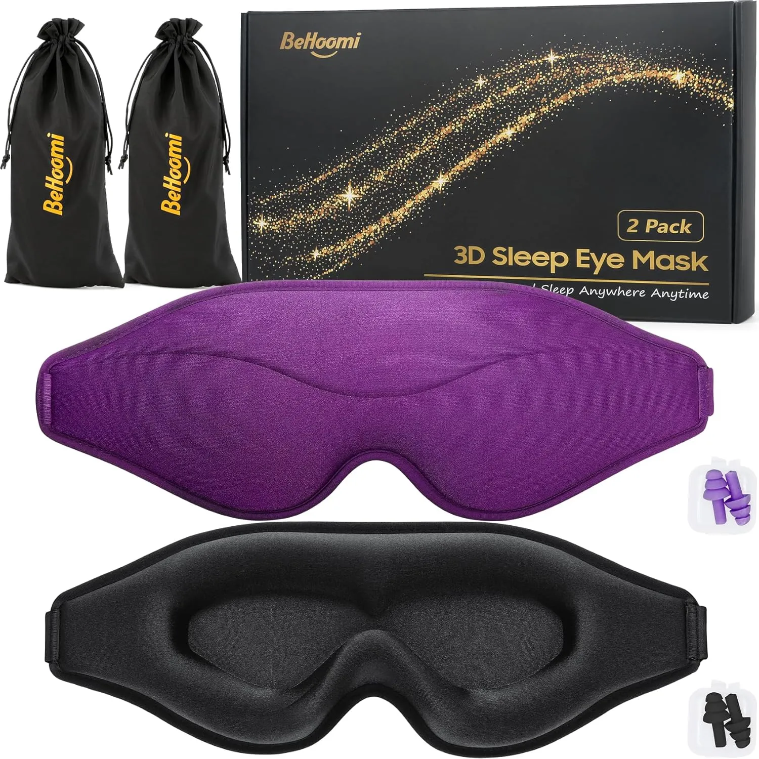 Sleep Mask, 2 Packs Premium Eye Mask for Sleeping, Total Blackout, Superior Soft Comfort, Upgraded 3D Ergonomic Designed Sleeping Mask for Home, Office, Travel, Meditation, Black & Purple