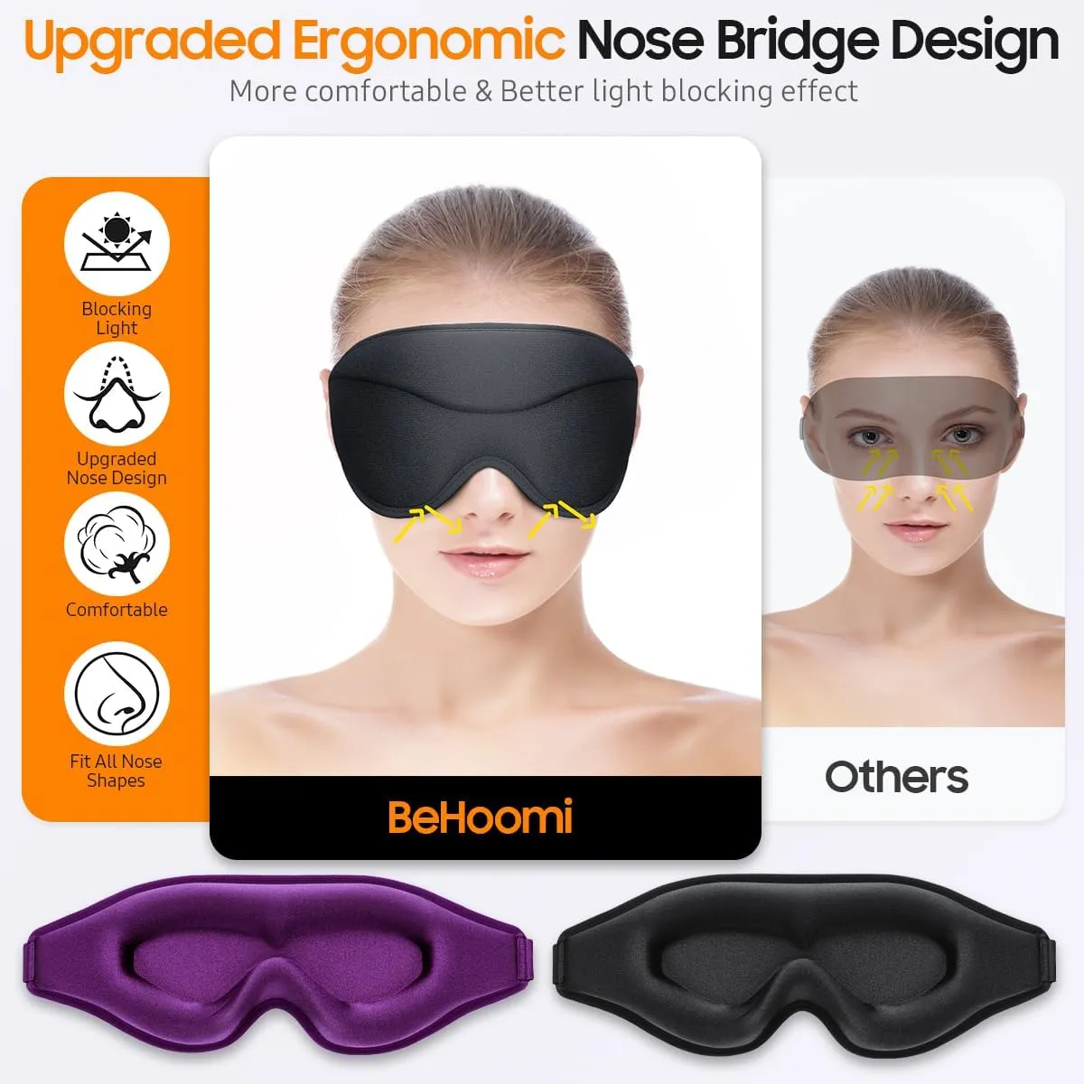 Sleep Mask, 2 Packs Premium Eye Mask for Sleeping, Total Blackout, Superior Soft Comfort, Upgraded 3D Ergonomic Designed Sleeping Mask for Home, Office, Travel, Meditation, Black & Purple