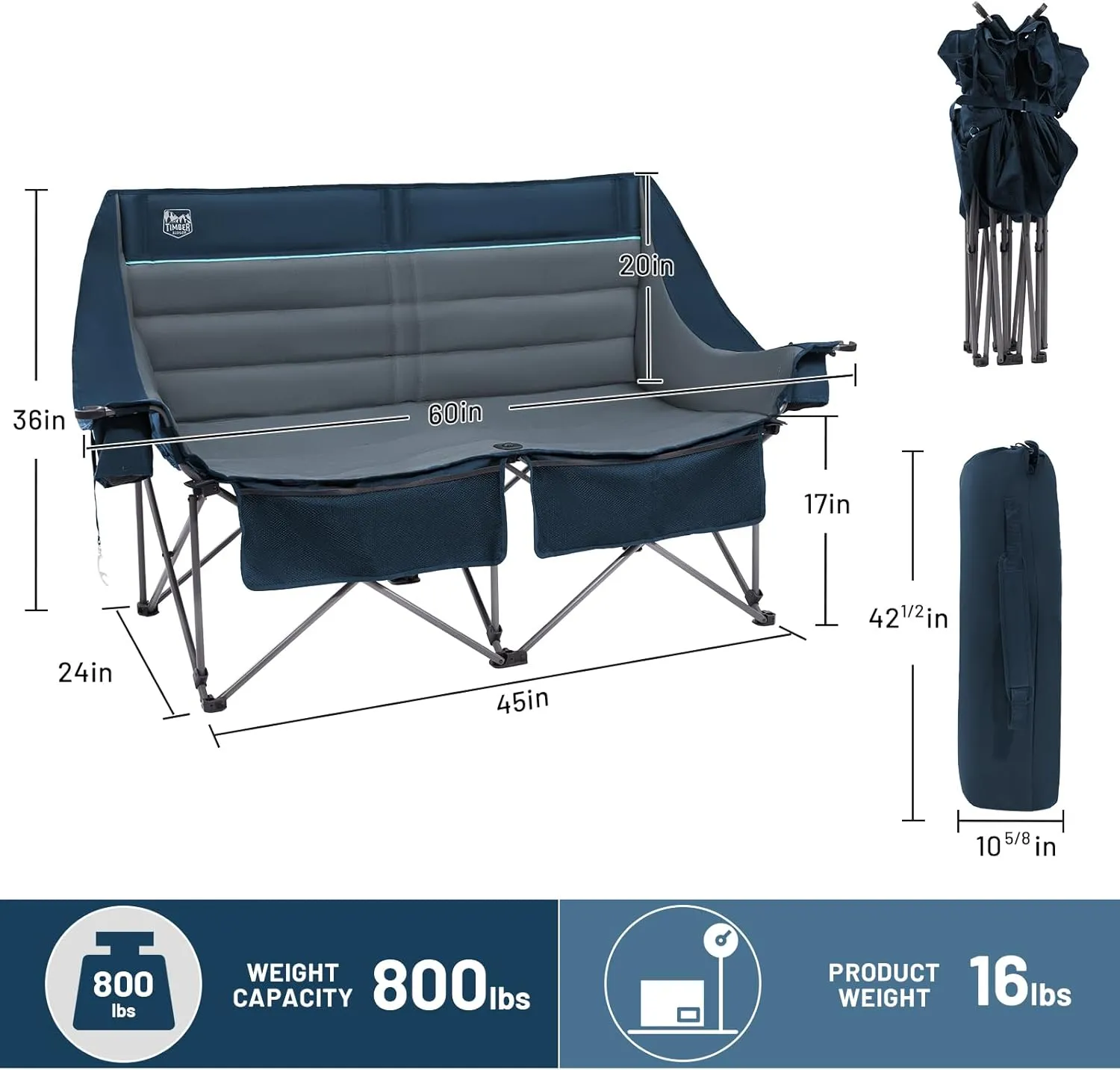 TIMBER RIDGE Double Camping Chair, Heavy Duty Outdoor Folding Camp Couch, Loveseat Camping Chairs Perfect for Campsites, Patio/Lawn, Soccer Games or Other Youth Sports, Supports 800 lbs