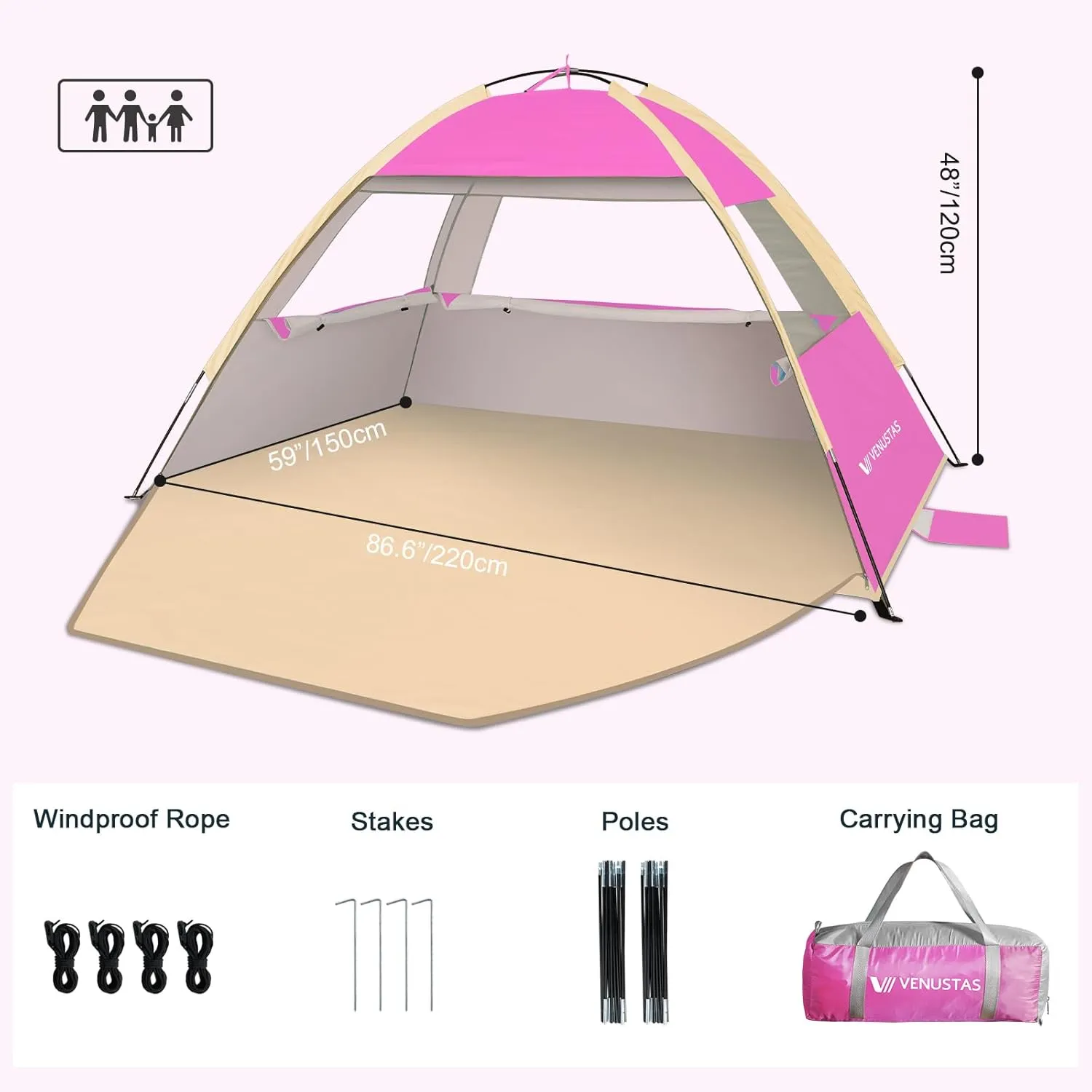 Venustas Beach Tent Sun Shelter for 3-10 Person, UPF 50  UV Protection Canopy, Lightweight and Easy Setup Cabana, Portable Beach Shade