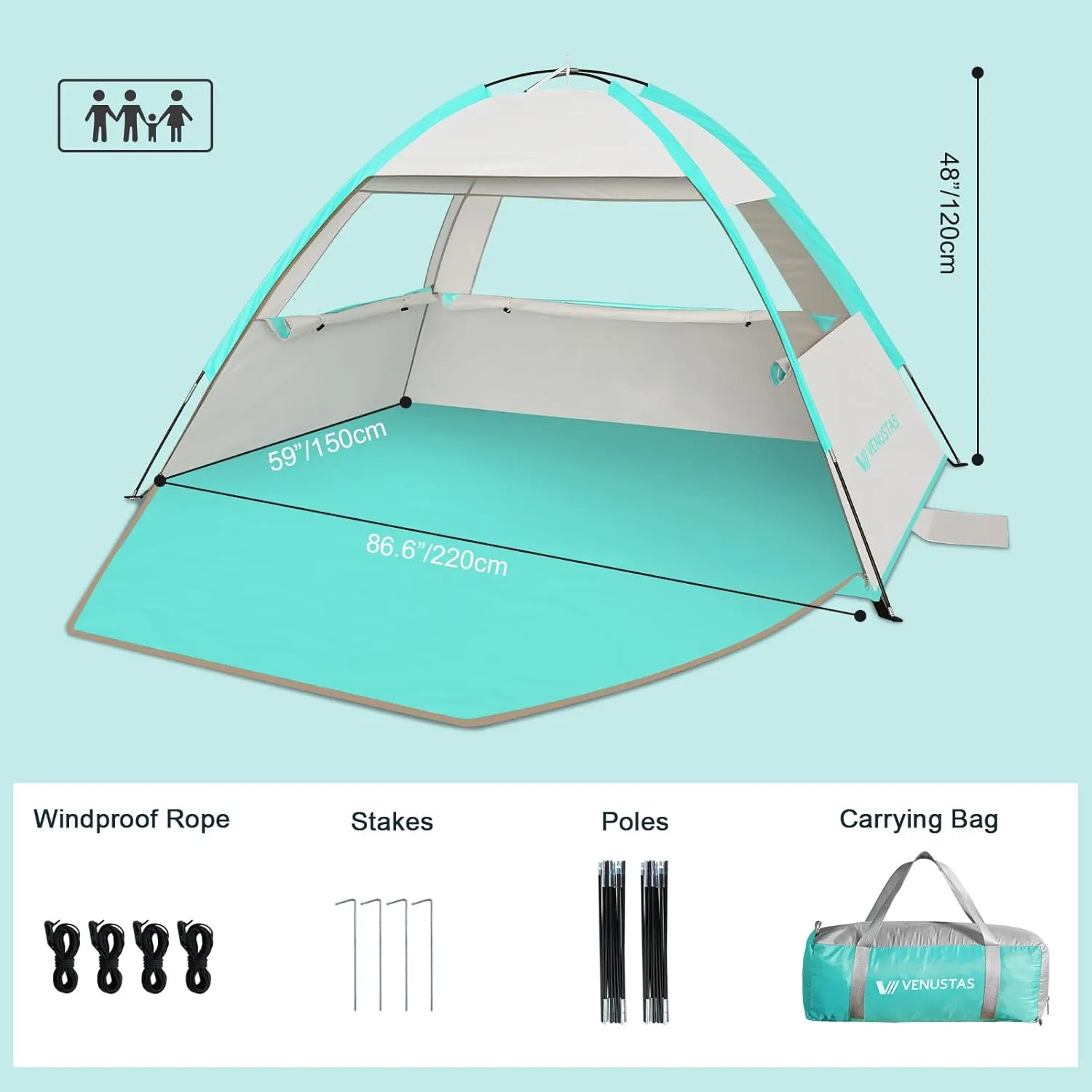 Venustas Beach Tent Sun Shelter for 3-10 Person, UPF 50  UV Protection Canopy, Lightweight and Easy Setup Cabana, Portable Beach Shade
