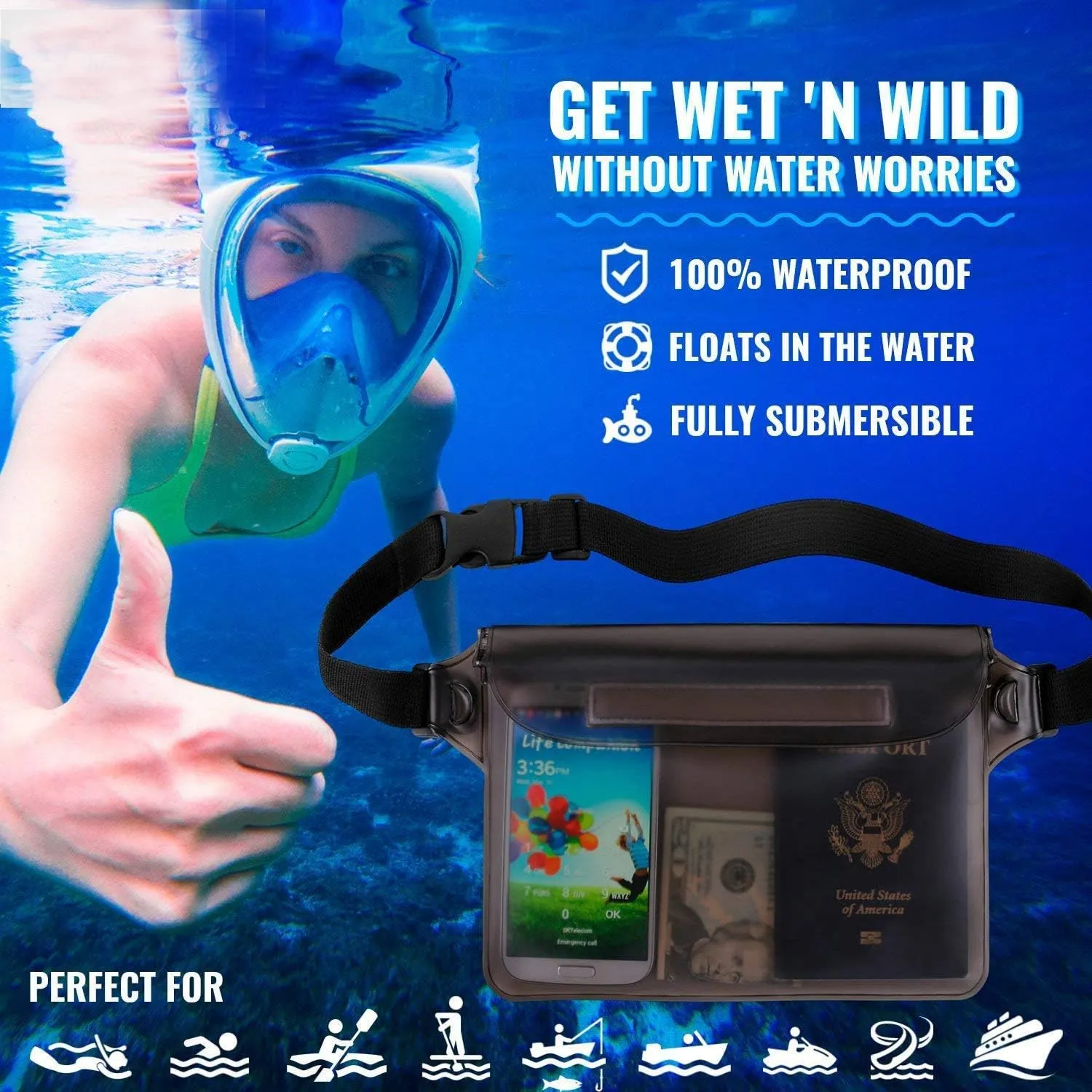 Waterproof Bags with Waist Shoulder Strap Best Dry Pouch Case to Keep Phone and Valuables Dry and Safe Perfect for Boating Swimming Snorkeling Kayaking Beach Water Parks